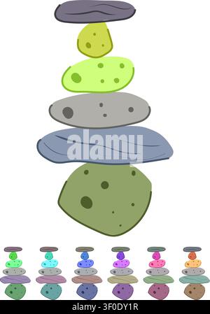 Plusieurs pierres lisses et colorées sont soigneusement empilées dans un cairn, symbolisant l'équilibre, la relaxation, la méditation et le bien-être sur un backgro blanc propre Illustration de Vecteur