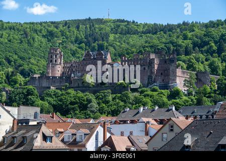 Le château de Heidelberg domine des toits rouges et des coteaux verdoyants à Heidelberg, Bade-Wurtemberg, Allemagne. Banque D'Images