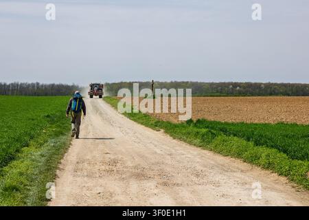 Un randonneur solitaire avec un sac à dos descend une route de terre entre des champs verts et labourés alors qu'un tracteur approche au loin, évoquant la vie rurale, agr Banque D'Images