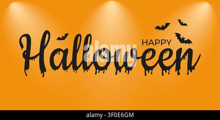 Design orange vif pour Halloween avec des lettres noires dégoulinantes Happy Halloween et des chauves-souris volantes Illustration de Vecteur