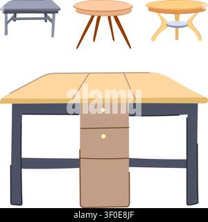 Collection de tables modernes pour la maison ou le lieu de travail, y compris diverses formes comme rectangulaire et ronde, présentant différentes options de conception pour fu Illustration de Vecteur