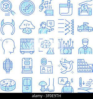 Collection diversifiée d'icônes de style doodle dessinées à la main bleues illustrant des concepts universels et abstraits, y compris la science, la finance, la technologie, communique Illustration de Vecteur