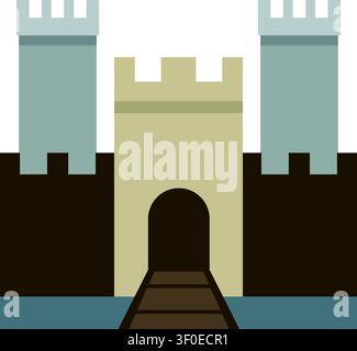 Illustration plate d'une entrée de château en pierre avec une porte centrale flanquée de hautes tours défensives Illustration de Vecteur