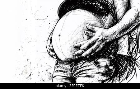 Un dessin au trait noir et blanc montrant uniquement le profil du ventre d'une femme enceinte, avec les mains jointes de son partenaire. Banque D'Images
