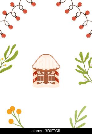 Modèle de poster minimaliste sur le thème des fêtes avec une maison en pain d'épice entourée de verdure festive, de baies et de lumières décoratives sur un fond blanc Illustration de Vecteur