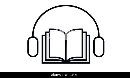 Icône vectorielle concept d'audiobook : livre numérique ouvert avec casque, illustration minimaliste en lignes noires pour bibliothèque audio, podcast et application d'e-learning Illustration de Vecteur