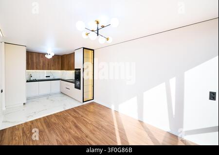 Intérieur de cuisine contemporain mettant en vedette des armoires élégantes, des appareils intégrés et des accents de bois chaleureux. Espace de cuisson lumineux avec sol carrelé brillant, éclairage LED et concept de luxe minimaliste. Banque D'Images