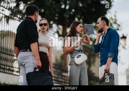 Jeunes professionnels ayant une collaboration et une discussion d'entreprise en plein air près d'une clôture urbaine Banque D'Images