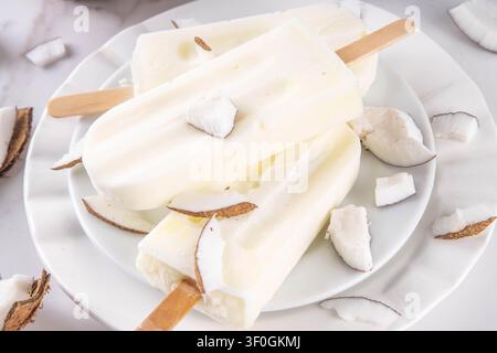 Popsicles au coco végétaliens sans produits laitiers. Lollies glacés diététiques avec crème ou lait de coco, dessert d'été glacé et sucré Banque D'Images