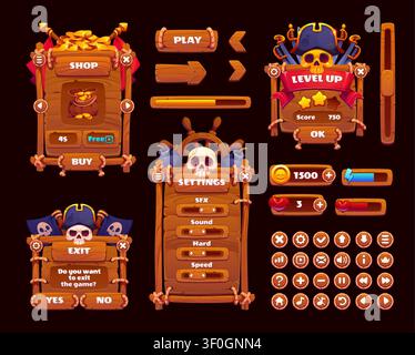 Panneaux d'interface du menu de l'interface utilisateur du jeu pirate, boutons de fenêtre et d'application. Boutique en bois et fenêtres de paramètres, badge de niveau supérieur, crâne, chapeau de capitaine, pièces de monnaie, icônes de barre de santé et d'énergie pour la navigation, les contrôles de gameplay Illustration de Vecteur