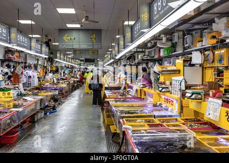 Les vendeurs et les acheteurs déambulent dans l'allée entre les étals de fruits de mer avec des poissons vivants dans des aquariums à l'intérieur du marché aux poissons de Jagalchi, arrondissement de Jung, Busan, Corée du Sud Banque D'Images
