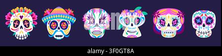 Festival mexicain du Jour des Morts calavera crânes en sucre, fête du Dia De Los Muertos calavera Catrina et squelettes mariachi. Têtes de calaca en dessin animé avec motif floral, sombrero pour la célébration de la Mort Illustration de Vecteur