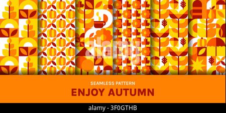 Feuilles d'automne et motifs géométriques Bauhaus sans couture set. Fond Bauhaus saison de Thanksgiving, Impression ou motif sans couture automnal avec fleurs et feuilles jaunes, légumes et fruits Illustration de Vecteur