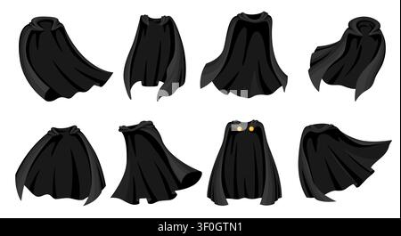 Capes noires pour Halloween, mantilles de héros secrets et tissu de cape, icônes vectorielles isolées. Mantilles de cape Dracula ou capes noires de vampire pour Halloween avec capuche, vêtements de robe magique sombre flottant avec plis drapés Illustration de Vecteur