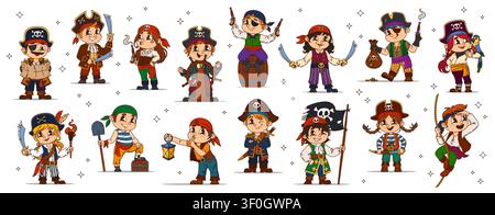Personnages de pirates corsaires en carton drôle pour enfants, enfants vectoriels habillés en capitaine, skipper marin ou maître d'équipage et canonnier avec des chapeaux à crânes, des pantalons rayés, des bottes et des vestes, tenant des sabres ou des pistolets Illustration de Vecteur