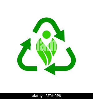 Ce symbole écologique représente une silhouette humaine entourée de feuilles vertes et de flèches, illustrant la durabilité et la sensibilisation environnementale pour une Illustration de Vecteur