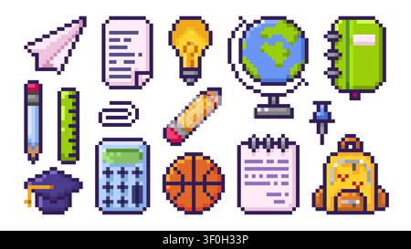 Icônes scolaires en pixel art de fournitures éducatives, livre, crayon et règle. Designs vectoriels de style de jeu rétro 8 bits pour étudiant de calculatrice, globe, toge d'études, ampoule et sac à dos. Ensemble mosaïque Illustration de Vecteur