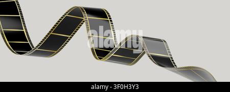 Une bande de film noire dorée s'enroule isolée sur fond gris. Conception vectorielle réaliste 3D dynamique d'une bobine de cinéma pour affiches de films, bannières de festival. Conception de cadre de bande Hollywood, ruban de bande de film ondulé Illustration de Vecteur