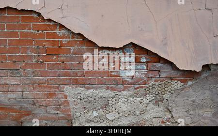 Gros plan horizontal d'une surface murale décrépie peinte en brun clair, battue par les intempéries, avec du plâtre fissuré, du béton apparent et des lattes métalliques Banque D'Images