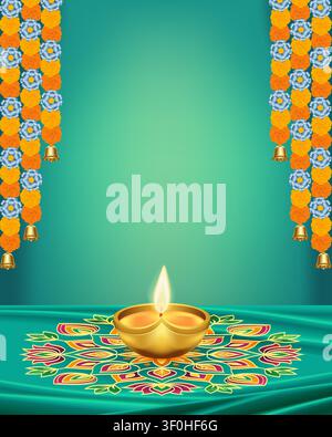 Bannière verticale festive de Diwali avec un diya lumineux, des rangolis vibrants, des guirlandes de marguerites et des cloches suspendues et espace de copie. Illustration de Vecteur