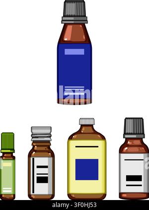 Bouteilles et compte-gouttes en verre ambré de différentes tailles et bouchons disposés comme un concept d'emballage naturel de produits de bien-être et d'aromathérapie pour huiles, sérums, Illustration de Vecteur