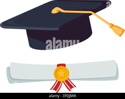 Une illustration d'une toque de graduation noire avec une frange dorée accompagnée d'un diplôme roulé scellé par une médaille d'or. Illustration de Vecteur