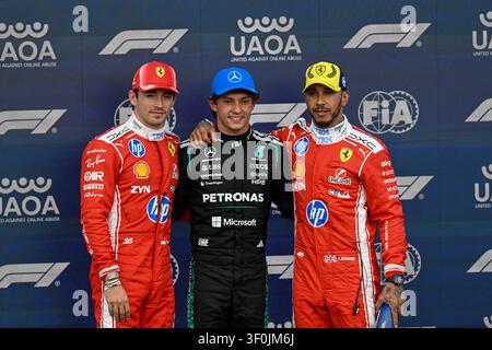 Royaume-Uni, Silverstone, 4 juillet 2026, Lewis Hamilton, Charles Leclerc, Kimi Antonelli, Ferrari, Mercedes, pendant la journée de qualification de F1, Copyright Banque D'Images