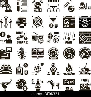 Grille de diverses icônes de glyphe monochromes présentant des concepts couvrant l'entreprise, la santé, la technologie, la vente au détail, l'analyse de données, construction et vie Illustration de Vecteur