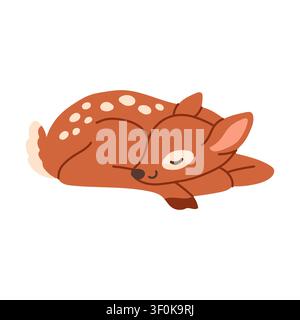 Illustration vectorielle d'un faon endormi mignon. Symbole d'animal de la forêt en design plat, isolé sur fond blanc. Magnifique pour une décoration de chambre d'enfant chaleureuse Illustration de Vecteur