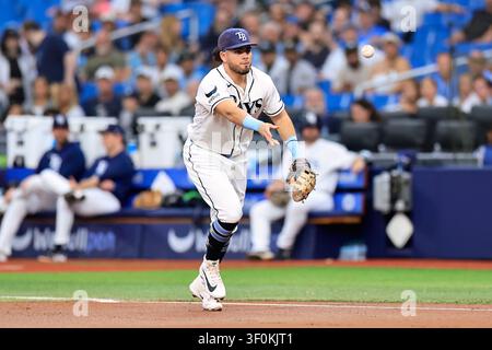 St. Petersburg, FL : Le premier joueur de base des Tampa Bay Rays, Jonathan Aranda (8), rattrape une balle qui a été frappée par Ben Rice (22), désigné frappeur des New York Yankees, et Banque D'Images