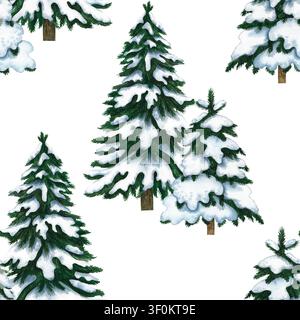Motif sans couture de sapins de Noël enneigés. Illustration aquarellée dessinée à la main. Parfait pour les emballages de Noël, les impressions de fêtes saisonnières, les textiles Banque D'Images