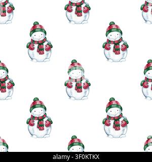 Motif sans couture de gentils bonhommes de neige. Illustration aquarellée dessinée à la main. Parfait pour les emballages de Noël, les impressions de vacances saisonnières, les textiles, le papier peint Banque D'Images