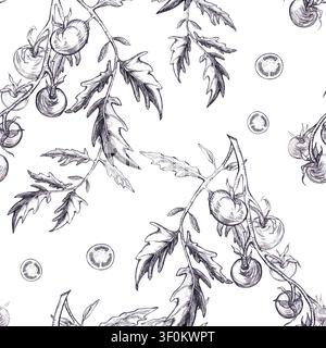 Motif sans couture avec vignes de tomates cerises, fruits ronds et morceaux tranchés dessinés à la main à la graphite au crayon, croquis ombrés. Texture botanique culinaire Banque D'Images