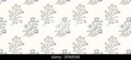 Broderie au point de croix motifs de fleurs des champs motif sans couture. Banne horizontale avec fleurs sauvages vintage. Un papier peint géométrique pixelisé pour Illustration de Vecteur