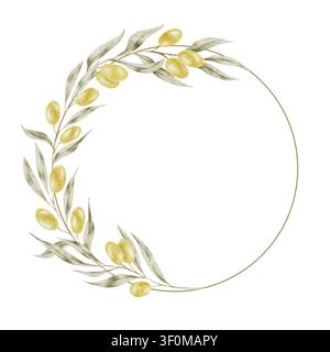 Illustration d'une couronne d'aquarell de feuilles d'olivier vertes et d'olives dorées avec contour circulaire pour monogrammes, invitations de mariage, conception de logo, étiquettes cosmétiques, menus et papeterie imprimable. Banque D'Images