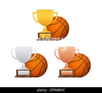 Trophées de basket-ball avec récompenses en or, argent et bronze Illustration de Vecteur
