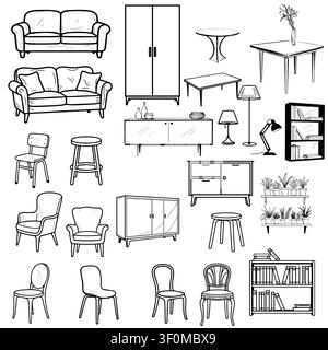 Une armoire, une table de chevet et un fauteuil, une chaise et une étagère avec des livres. Illustration vectorielle. Un ensemble de meubles pour le salon et la chambre Illustration de Vecteur