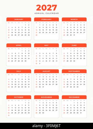 Modèle de calendrier annuel 2027 rouge vif avec conception de mise en page en grille moderne Illustration de Vecteur