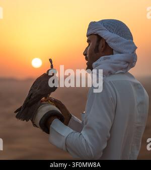 Un fauconnier émirati vêtu d'une kandura blanche traditionnelle et d'un keffiyeh tient un faucon encapuchonné sur un gant de cuir, face à l'immensité. Banque D'Images