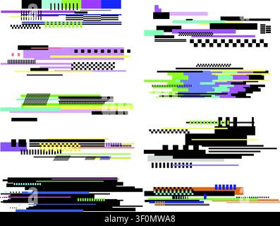 Éléments de défaillance numérique abstraits avec des barres de pixels colorées et des formes géométriques créant un effet de flux de données moderne et déformé pour des arrière-plans technologiques Illustration de Vecteur