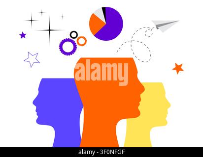 Silhouette de têtes humaines en profil avec diagramme circulaire et détails d'esprit en engrenage - illustration vectorielle Illustration de Vecteur