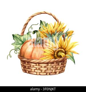 Illustration aquarellée d'un panier en osier rustique rempli de récolte automnale. Tournesols jaunes vibrants, citrouille orange mûre et feuilles. Belle saisonnalité Banque D'Images