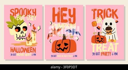 Citrouille d'Halloween et fantôme mignon dessinés à la main poster de fête de film vectoriel Illustration de Vecteur
