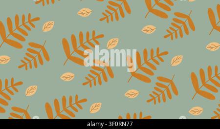 Motif botanique automnal sans couture avec des feuilles de fougère orange stylisées sur un fond vert sauge Banque D'Images