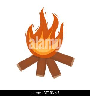 Feu de camp brûlant avec bûches en bois et flammes orange vives isolées sur blanc Banque D'Images