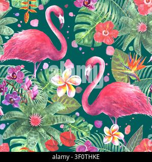 Élégant motif tropical sans couture en aquarelle avec des flamants roses, des fleurs exotiques et des feuilles botaniques luxuriantes sur un fond émeraude sombre. Idéal pour fab Banque D'Images