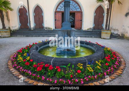 Fontaine en pierre avec parterre de fleurs dans la cour du château de Stolzenfels, présentant des portes en bois cintrées et des palmiers en pot en Allemagne Banque D'Images