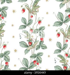 Modèle sans couture avec illustration aquarelle de fraises sauvages avec des fleurs blanches. Imprimé peint à la main avec des baies boisées avec des feuilles vertes sur Banque D'Images