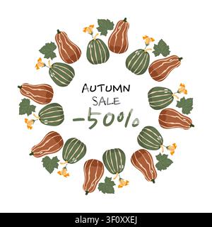 Bannière de vente d'automne avec moins cinquante pour cent et couronne de courge butternut longue posée à plat Illustration de Vecteur