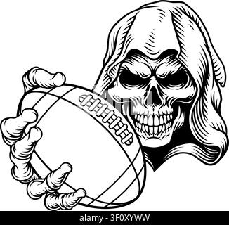 Une faucheuse ou un squelette de la mort mascotte d'équipe sportive ou d'événement Halloween tenant un ballon de football américain Illustration de Vecteur
